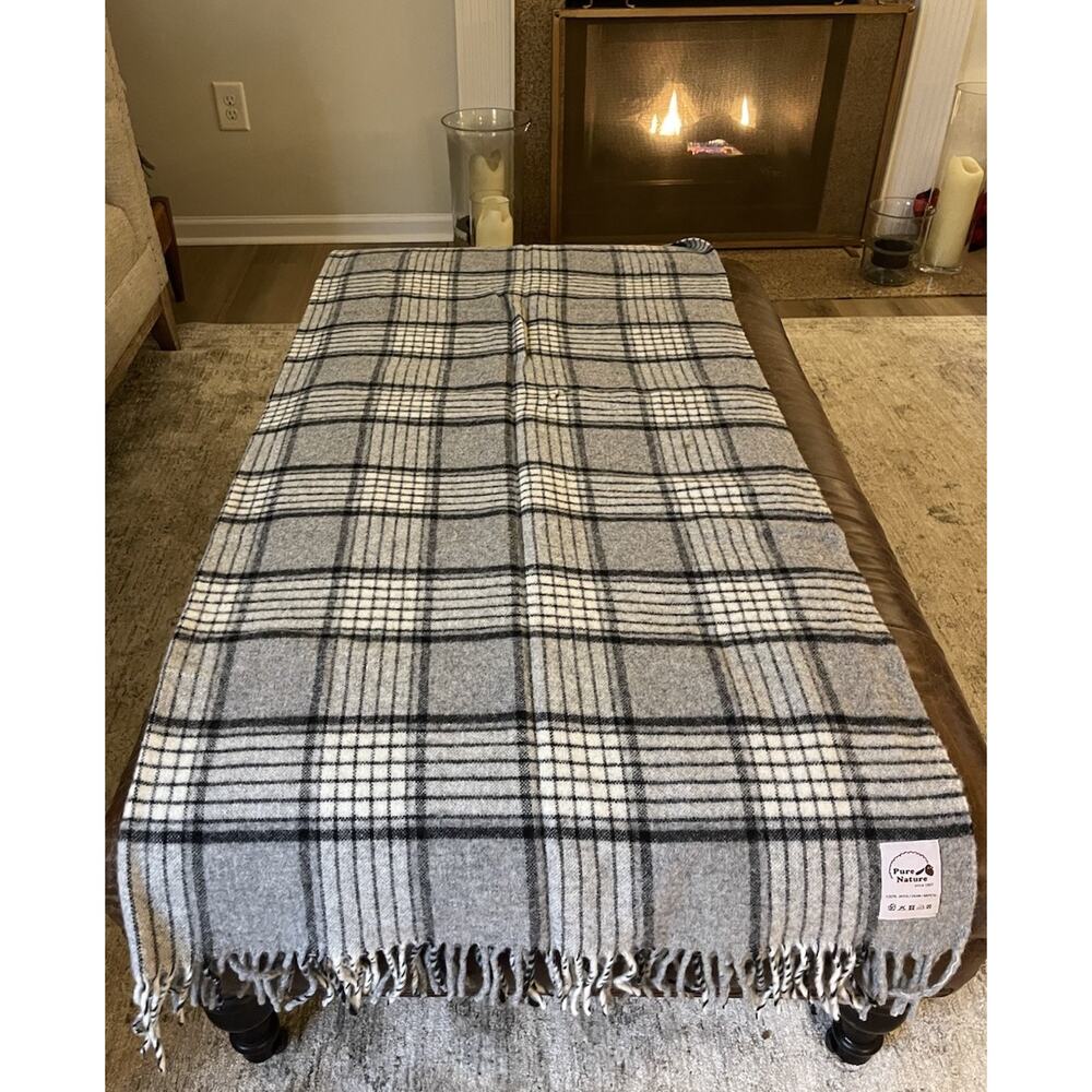 NEW Large Pure Nature 100% Wool Tartan Plaid Blanket Gray, Black,‎ Ivory 57”x67”